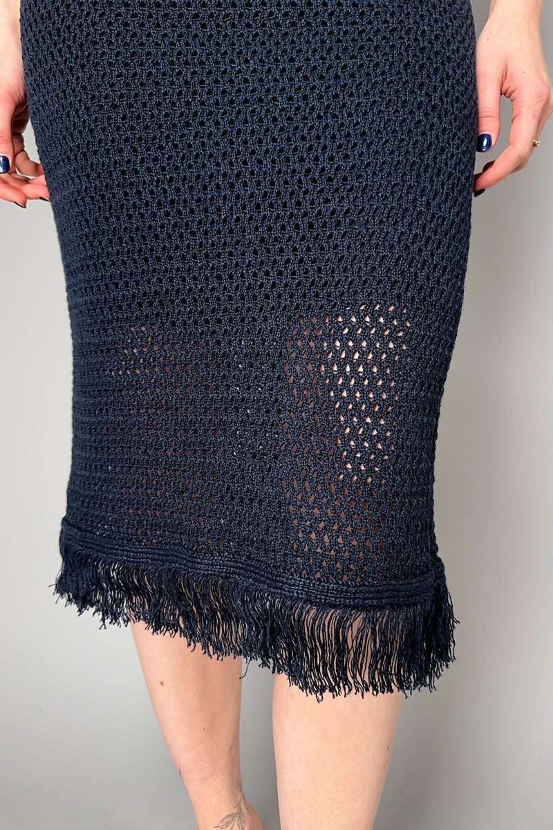Peserico Stretch Crochet Skirt with Fringe Detail in Navy