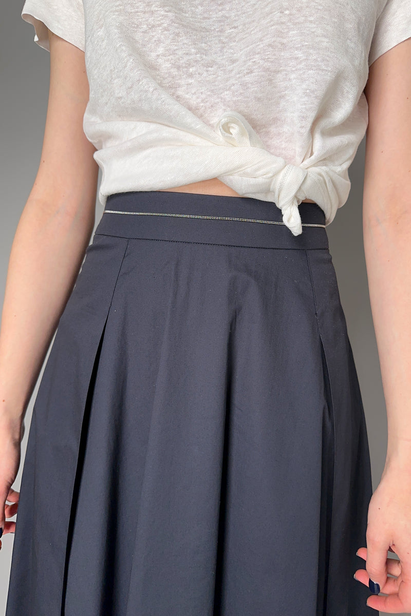Peserico Softly Pleated Cotton Midi Skirt with Brilliant Beading Detail in Navy