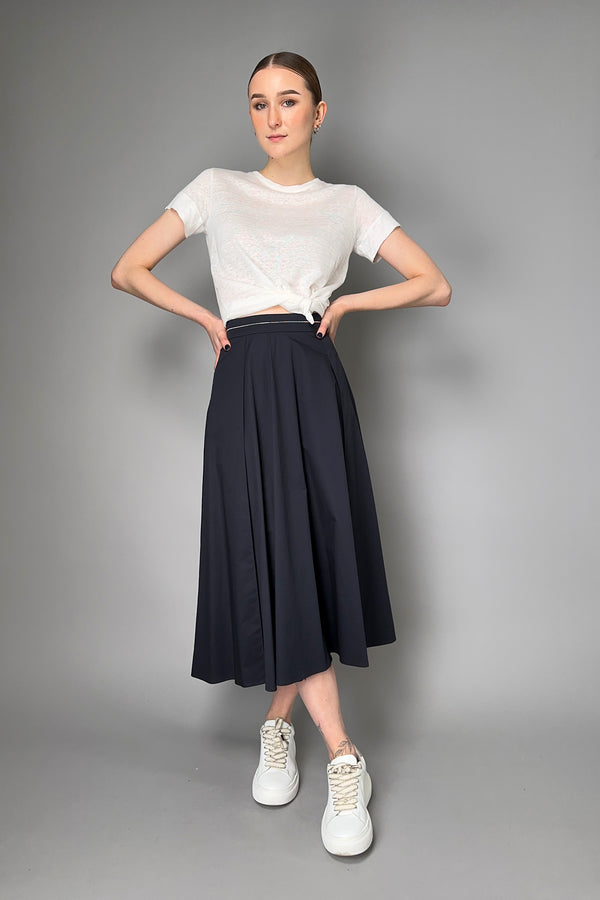 Peserico Softly Pleated Cotton Midi Skirt with Brilliant Beading Detail in Navy