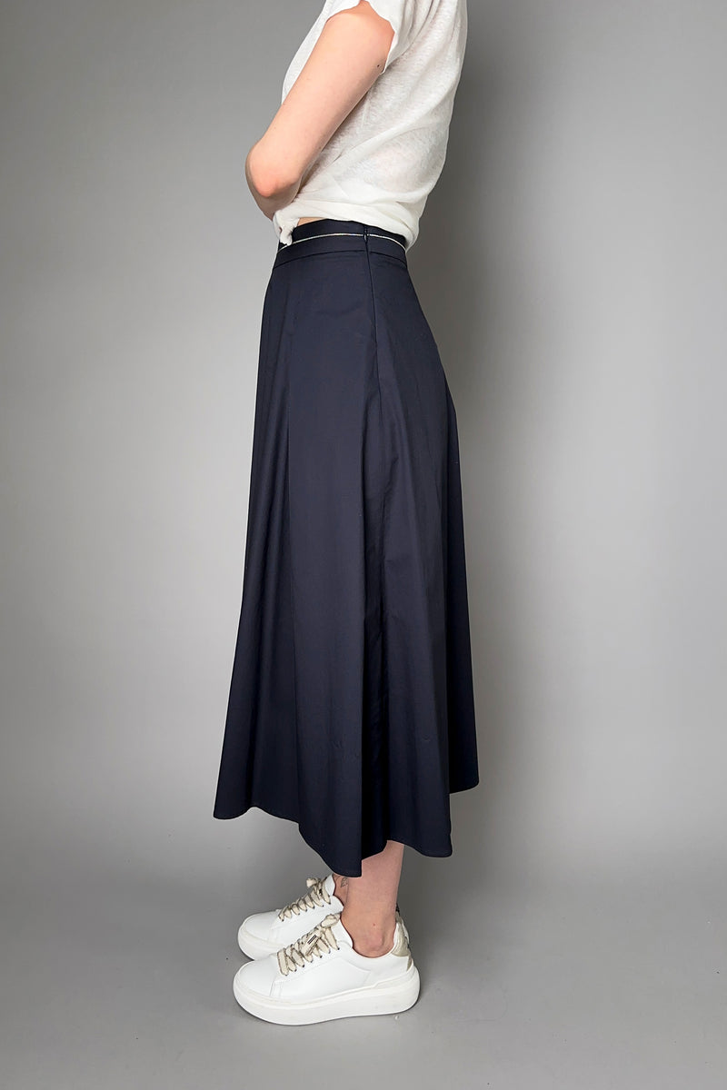 Peserico Softly Pleated Cotton Midi Skirt with Brilliant Beading Detail in Navy