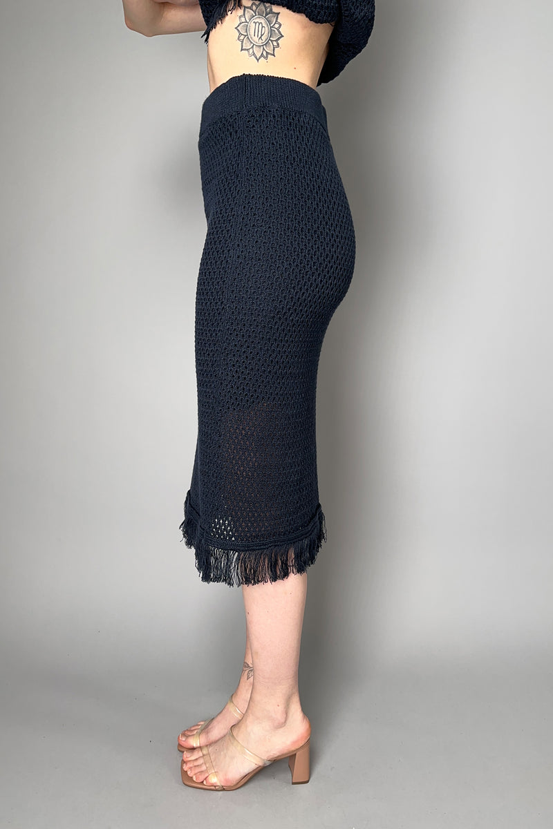 Peserico Stretch Crochet Skirt with Fringe Detail in Navy