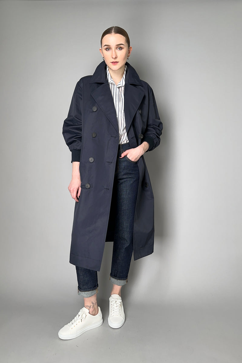 Peserico Linen Sateen Trench Coat in Navy Vancouver. Shop Online or in Store.