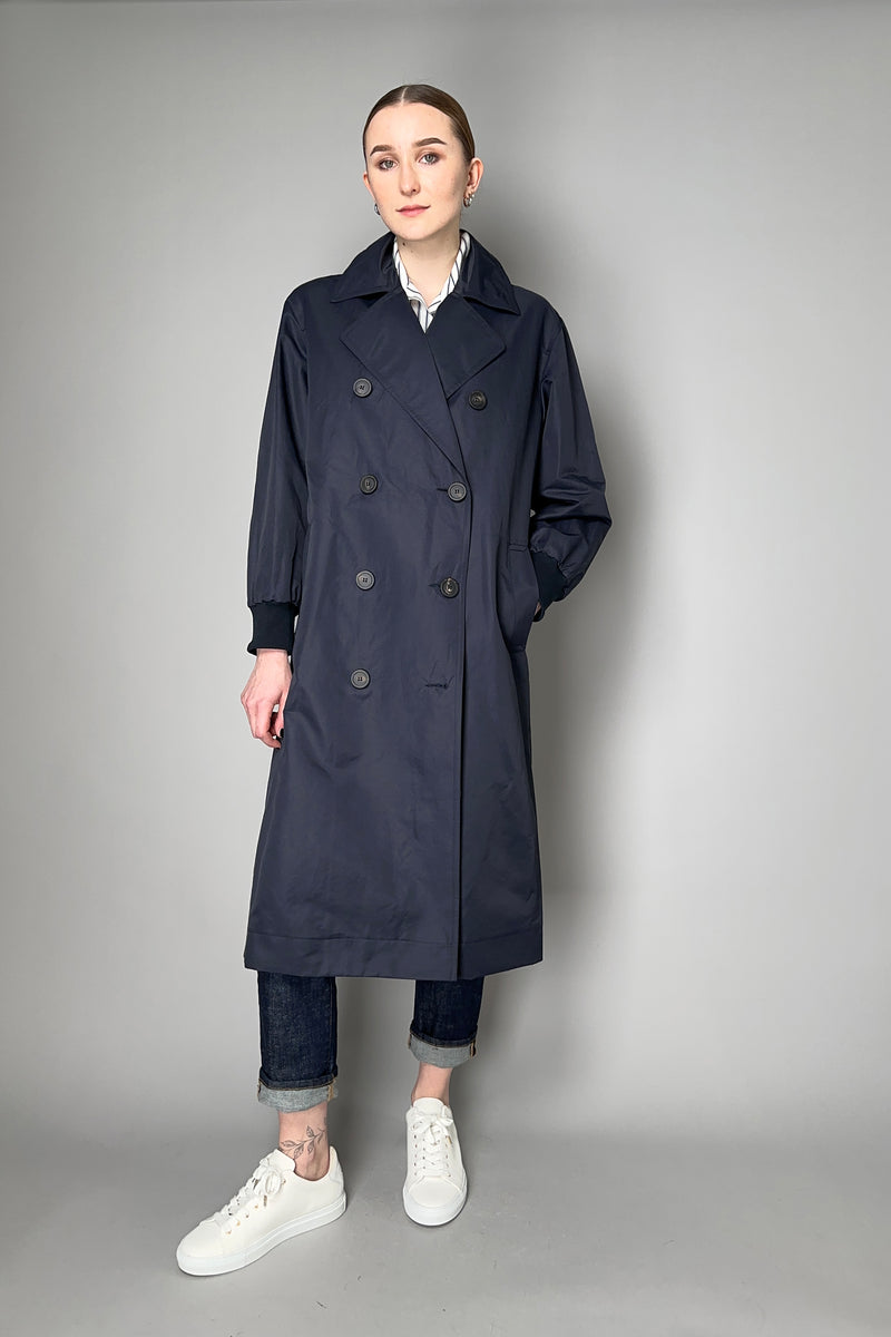 Peserico Linen Sateen Trench Coat in Navy