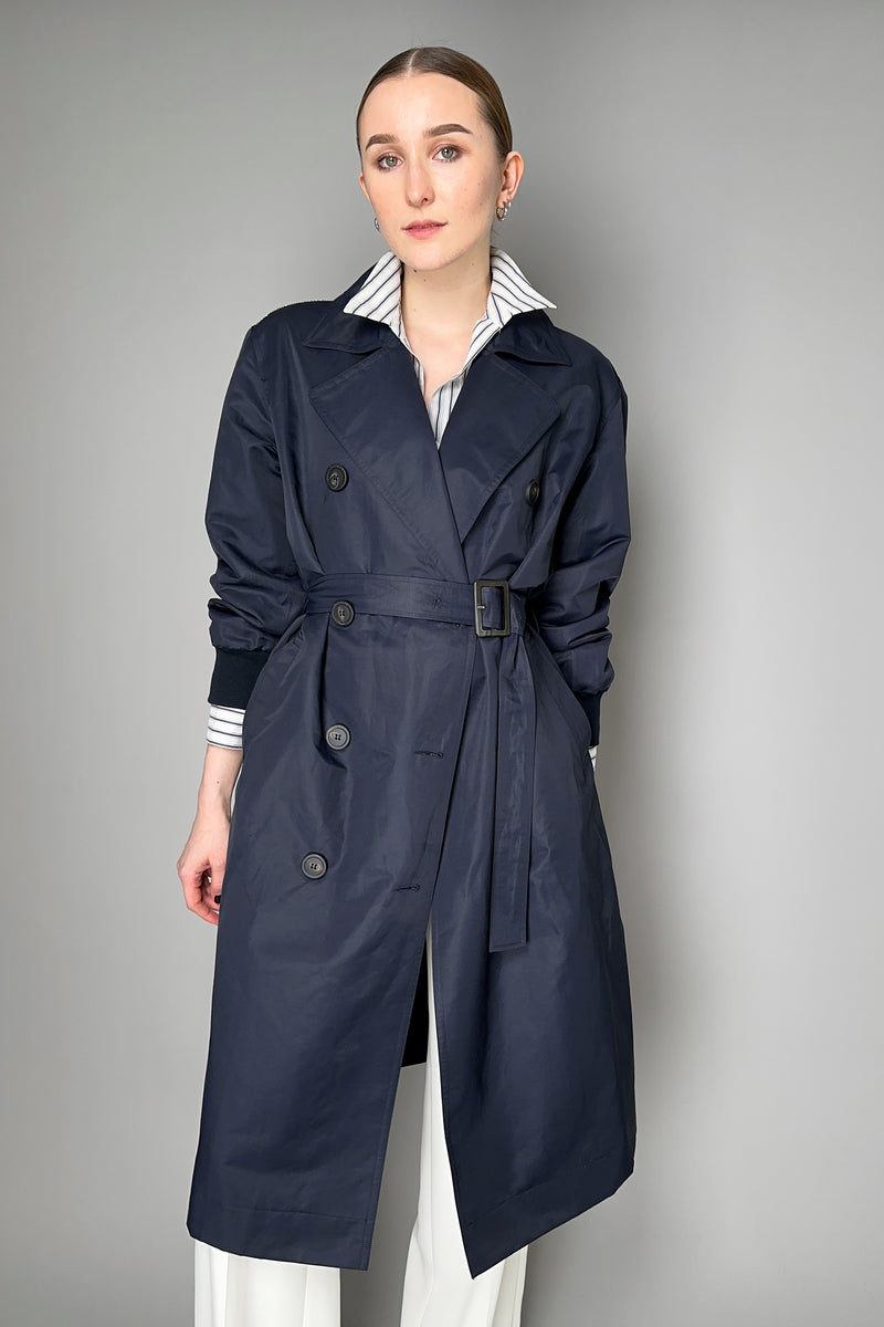 Peserico Linen Sateen Trench Coat in Navy