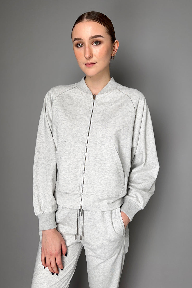 Peserico Bomber Sweatshirt Jacket with Brilliant Beading Details in Heather Grey Vancouver. Shop Online or in Store.