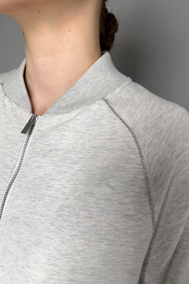 Peserico Bomber Sweatshirt Jacket with Brilliant Beading Details in Heather Grey Vancouver. Shop Online or in Store.