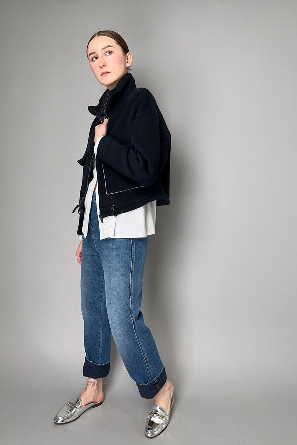 Peserico Wool Bomber Jacket with Brilliant Beading Detail in Navy- Ashia Mode- Vancouver, BC