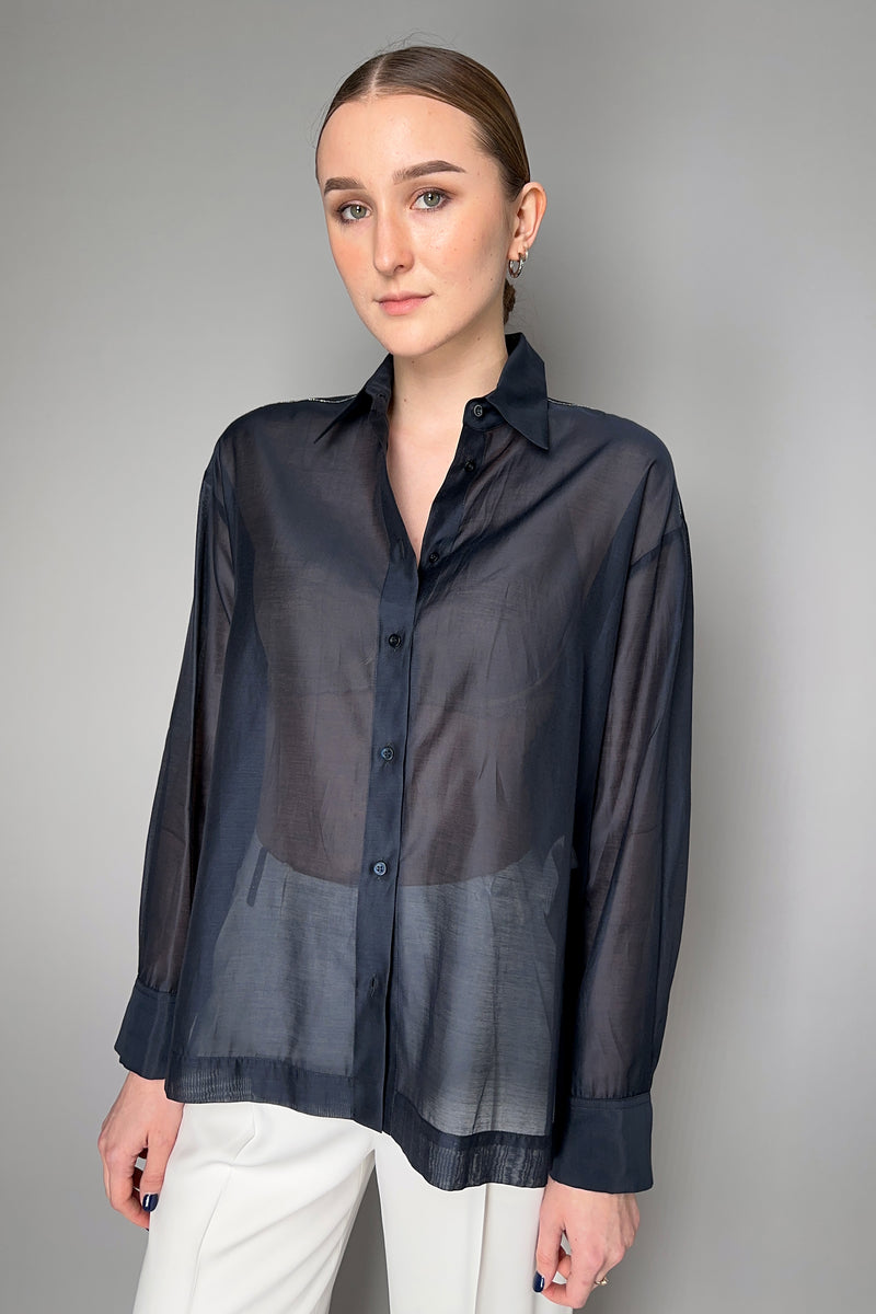 Peserico Cotton Voile Shirt with Brilliant Beading in Navy