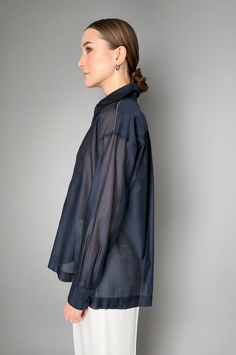 Peserico Cotton Voile Shirt with Brilliant Beading in Navy