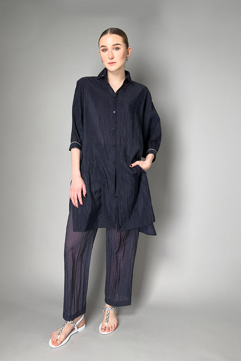 Peserico Long Textured Organdy Shirt With Brilliant Beading in Navy