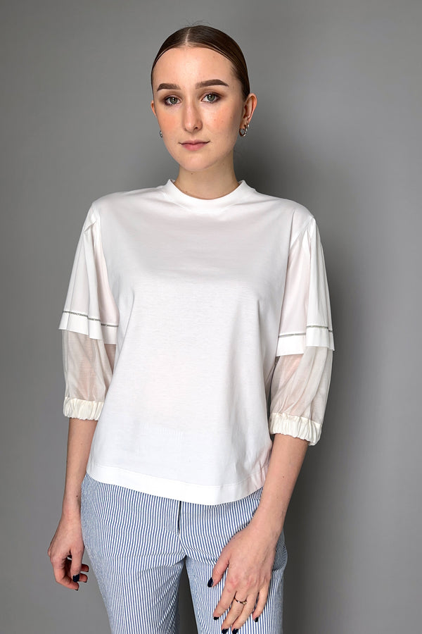Peserico T-Shirt with Layered Cotton Voile Sleeve and Brilliant Beading Detail