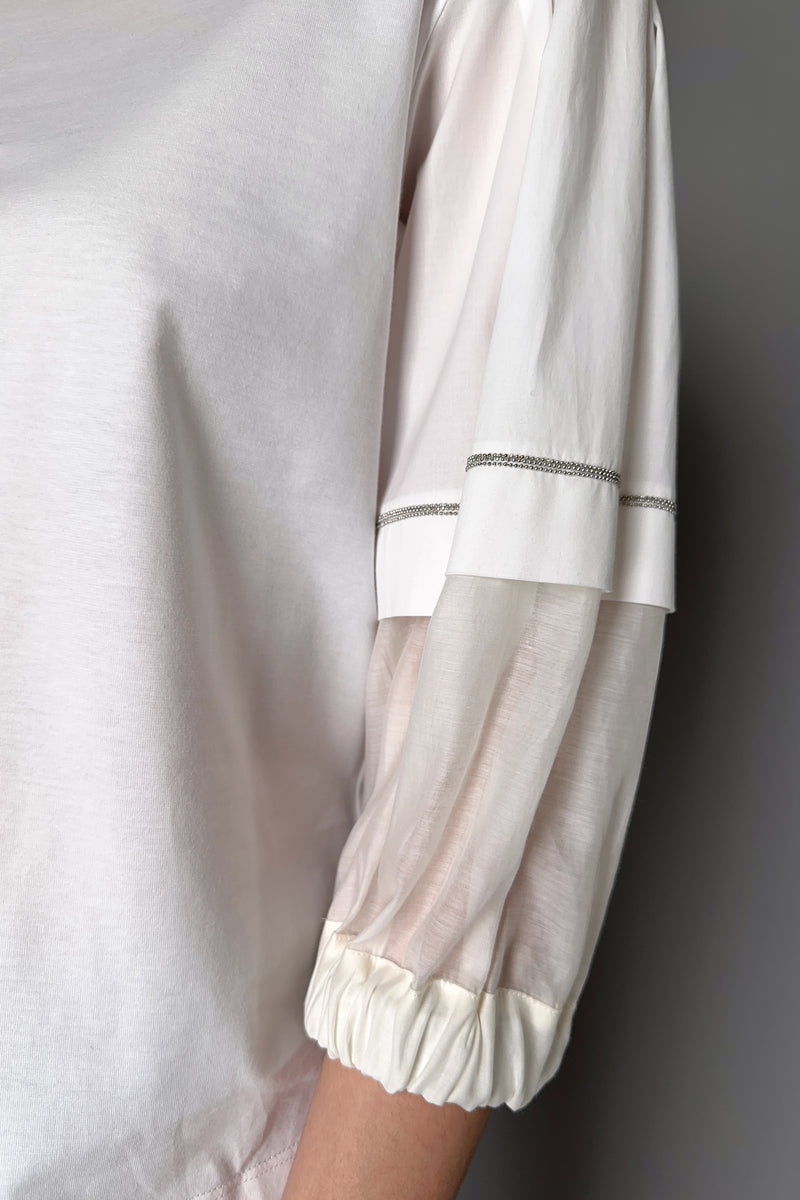 Peserico T-Shirt with Layered Cotton Voile Sleeve and Brilliant Beading Detail