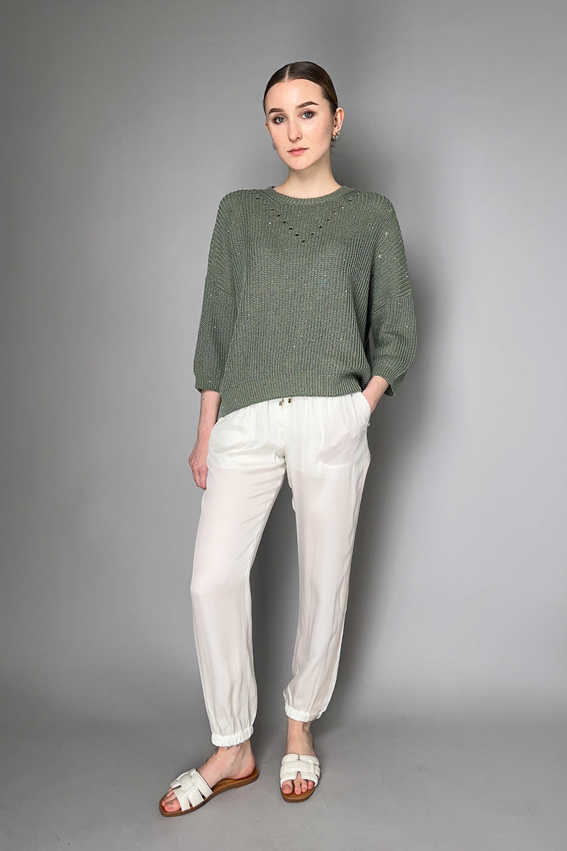 Peserico Cotton Blend Knitted Pullover with Sequin Details in Sage Green
