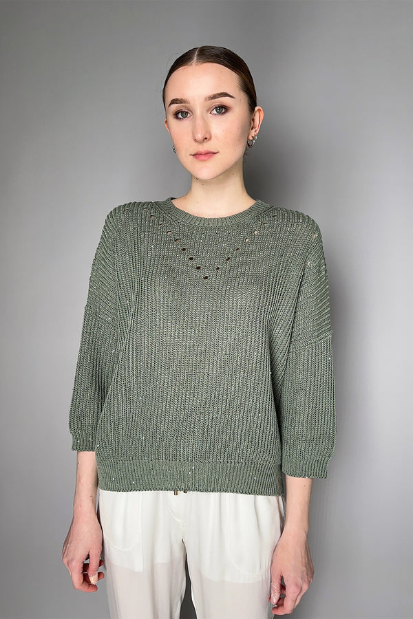 Peserico Cotton Blend Knitted Pullover with Sequin Details in Sage Green