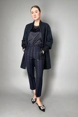 Peserico Silver Pinstripe Wool Flannel Trousers in Navy