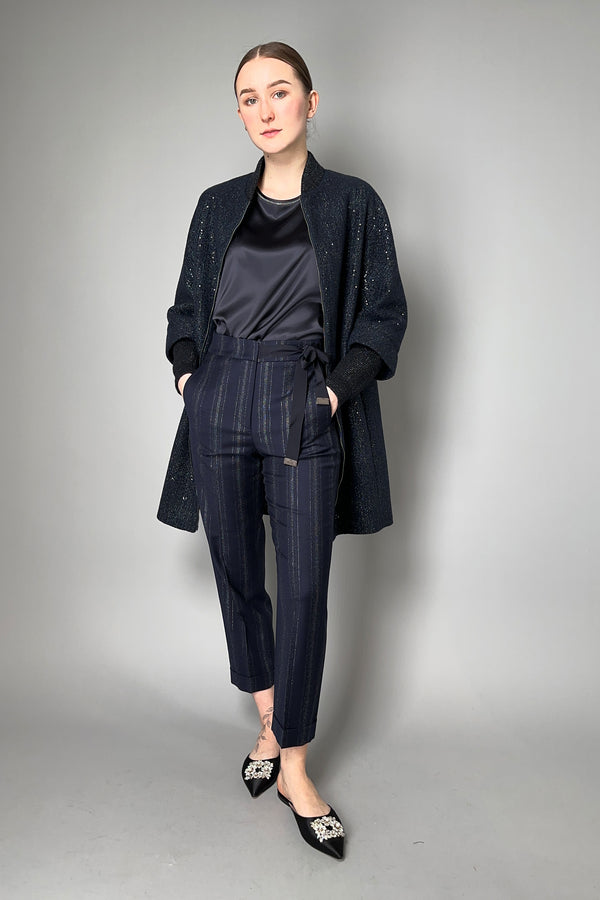 Peserico Silver Pinstripe Wool Flannel Trousers in Navy- Ashia Mode- Vancouver, BC