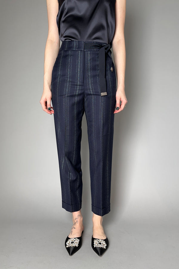 Peserico Silver Pinstripe Wool Flannel Trousers in Navy