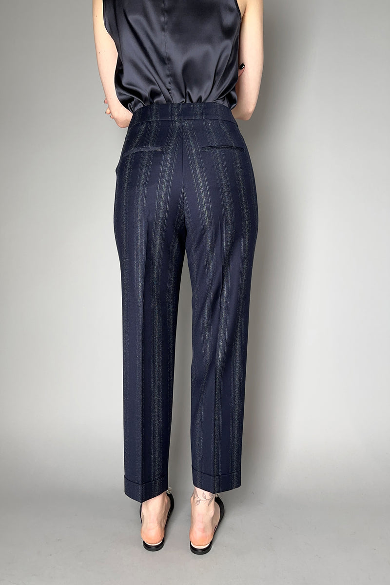 Peserico Silver Pinstripe Wool Flannel Trousers in Navy