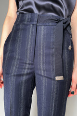 Peserico Silver Pinstripe Wool Flannel Trousers in Navy