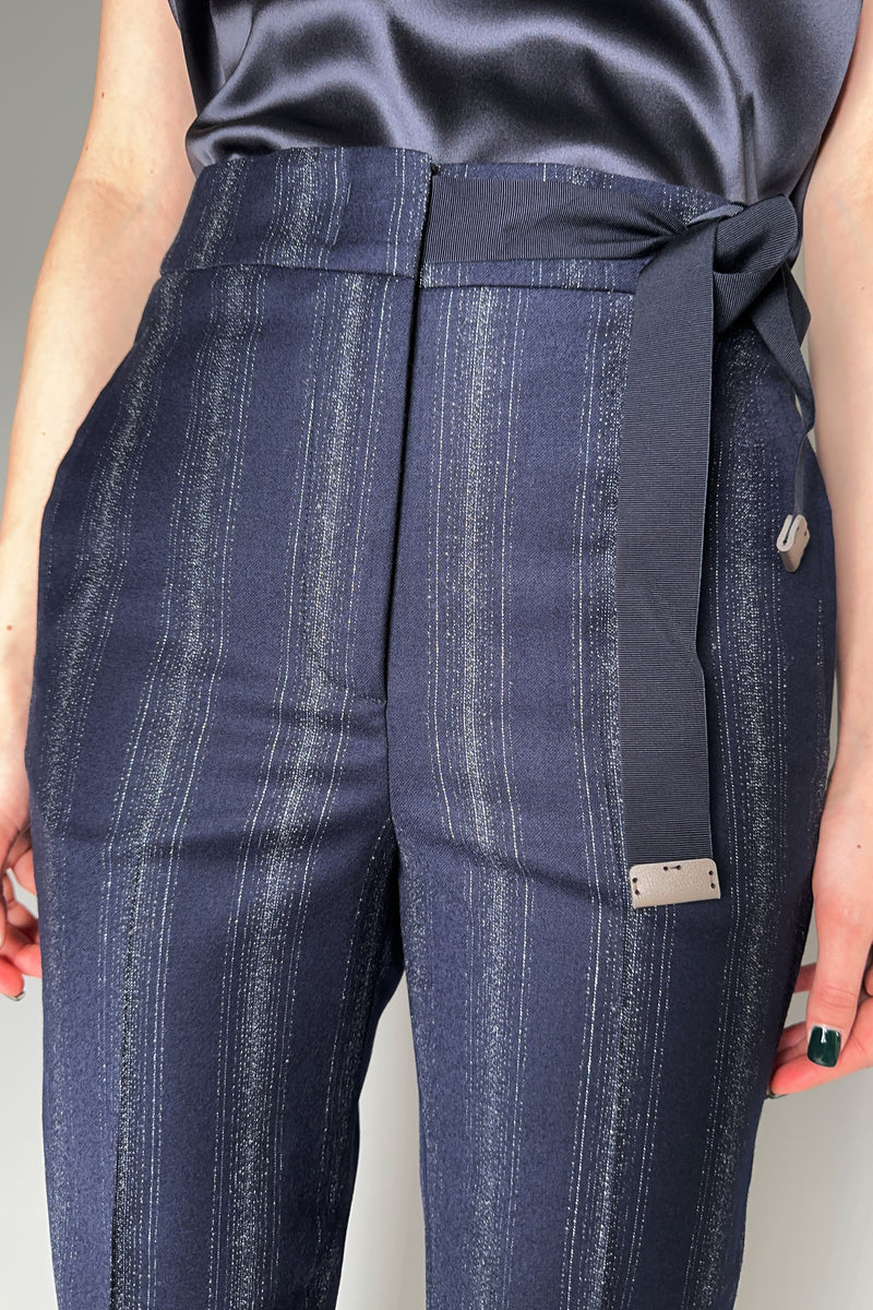 Peserico Silver Pinstripe Wool Flannel Trousers in Navy