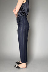 Peserico Silver Pinstripe Wool Flannel Trousers in Navy