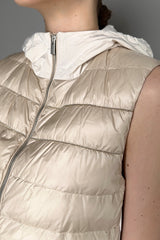 Peserico Padded Hooded Vest with Brilliant Beading in Sand