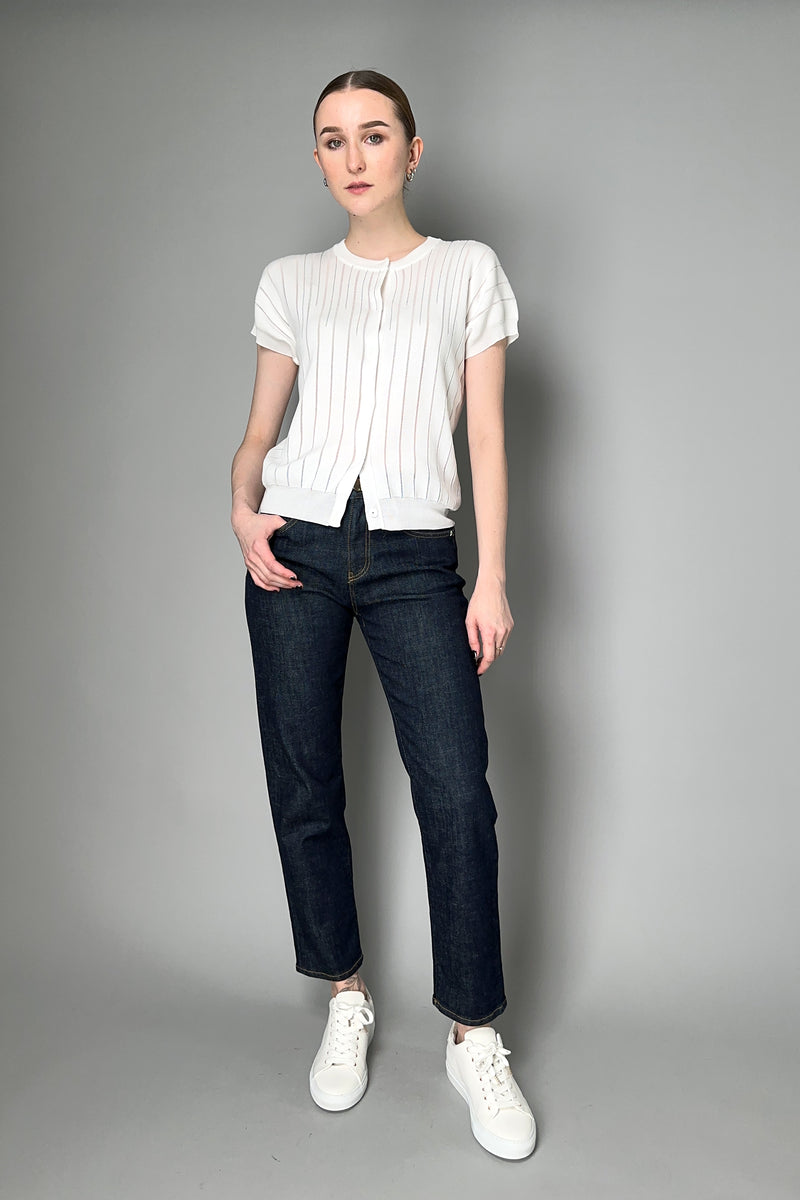 Peserico Cotton Cardigan with Transparent and Brilliant Stripes in White Vancouver. Shop Online or in Store.