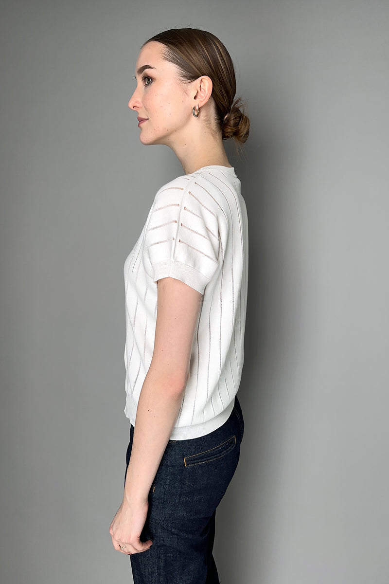 Peserico Cotton Cardigan with Transparent and Brilliant Stripes in White Vancouver. Shop Online or in Store.