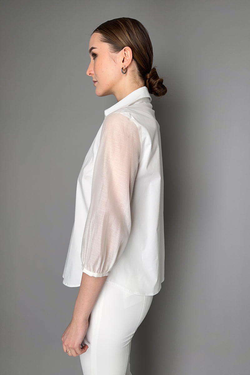Peserico Cotton Shirt with Transparent Balloon Sleeves and Brilliant Beading Detail