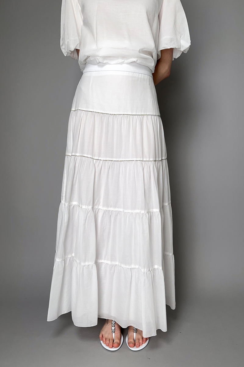 Peserico Tiered Cotton Maxi Skirt with Brilliant Beading