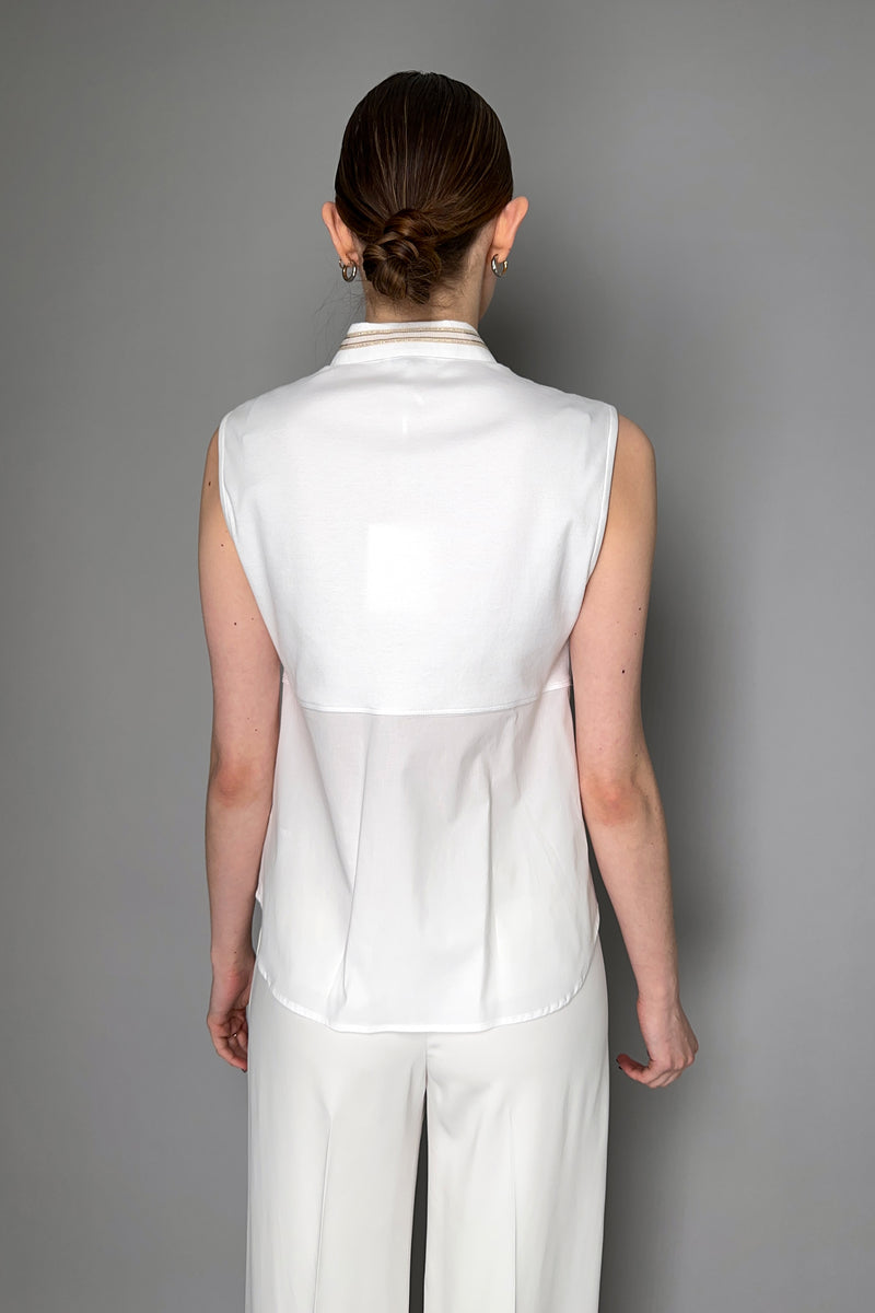 Peserico Sleeveless Cotton Blouse with Jersey Back and Grosgrain Collar Detail