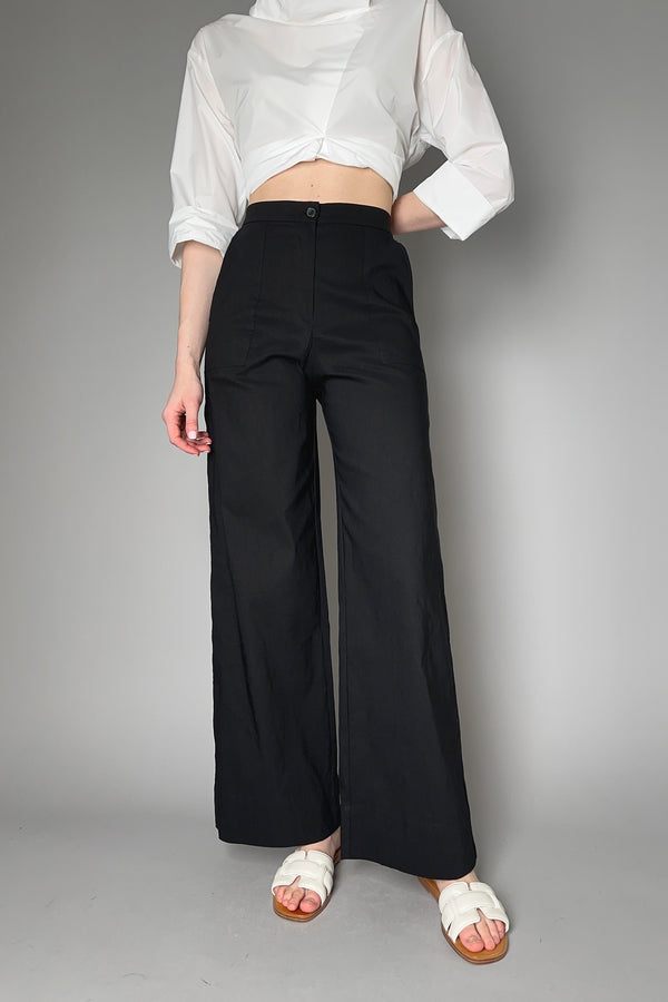 Peter O. Mahler Long Wide Leg Linen Stretch Trousers in Black