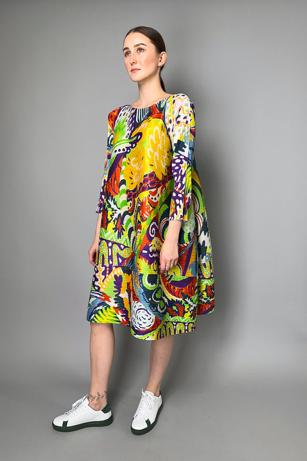 Pleats Please Issey Miyake Snowrunner Dress in Yellow and Green Pattern- Ashia Mode- Vancouver, BC
