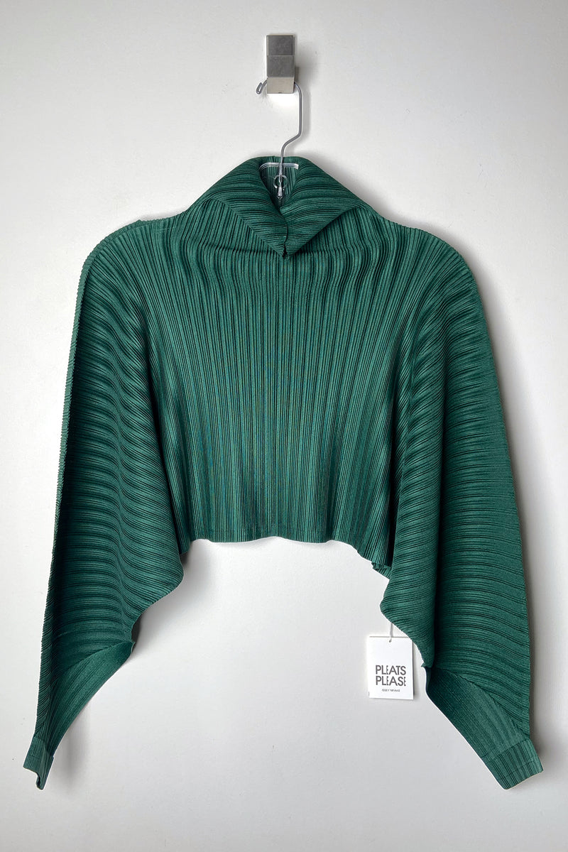 Pleats Please Issey Miyake Rib Pleats December Cropped Shirt in Dark Green- Ashia Mode- Vancouver, BC