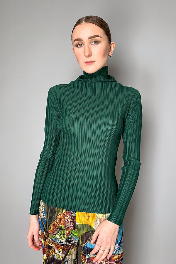 Pleats Please Issey Miyake Rib Pleats December Turtleneck Shirt in Dark Green- Ashia Mode- Vancouver, BC