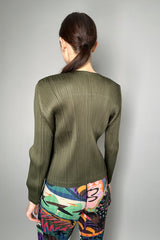Pleats Please Issey Miyake Monthly Colours September Cardigan in Khaki Green- Ashia Mode- Vancouver, BC