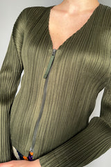 Pleats Please Issey Miyake Monthly Colours September Cardigan in Khaki Green- Ashia Mode- Vancouver, BC
