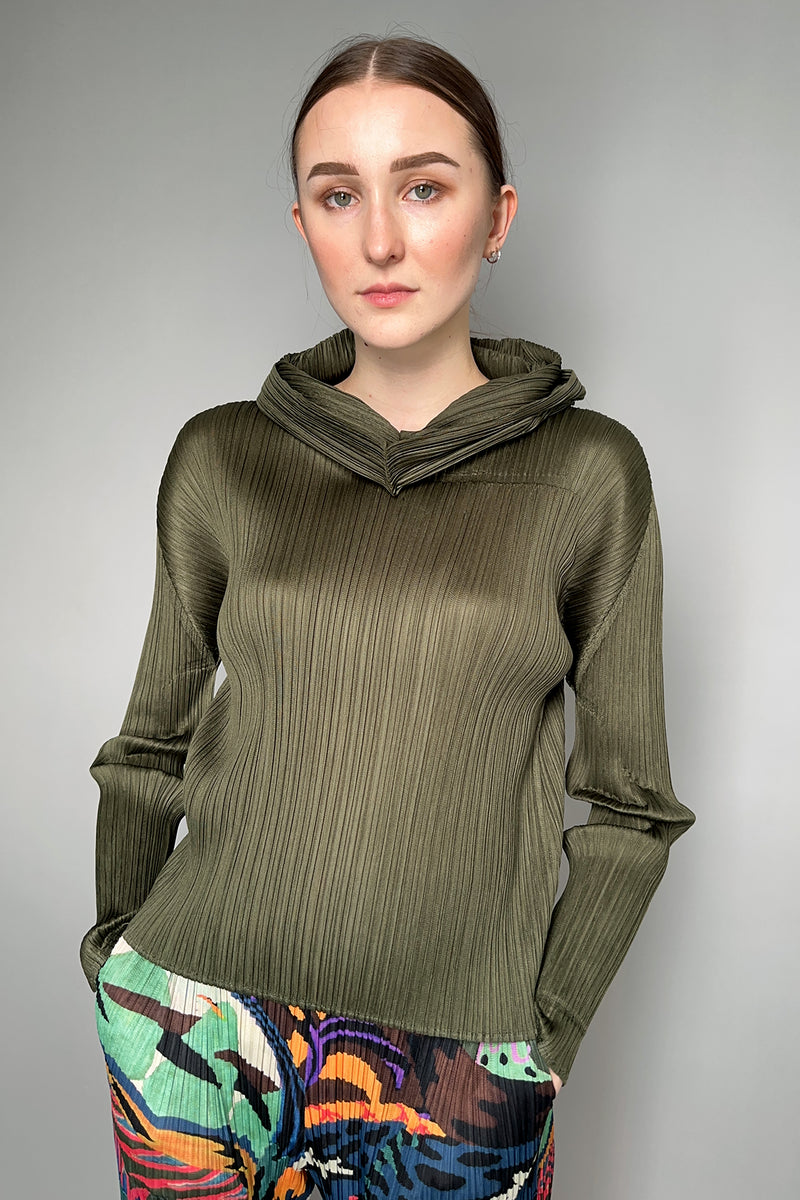 Pleats Please Issey Miyake Monthly Colours September Hooded Top in Khaki Green- Ashia Mode- Vancouver, BC