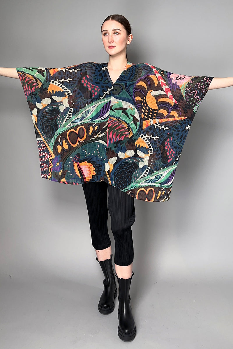 Pleats Please Issey Miyake Snowrunner Madame T Stole in Orange and Teal Pattern- Ashia Mode- Vancouver, BC