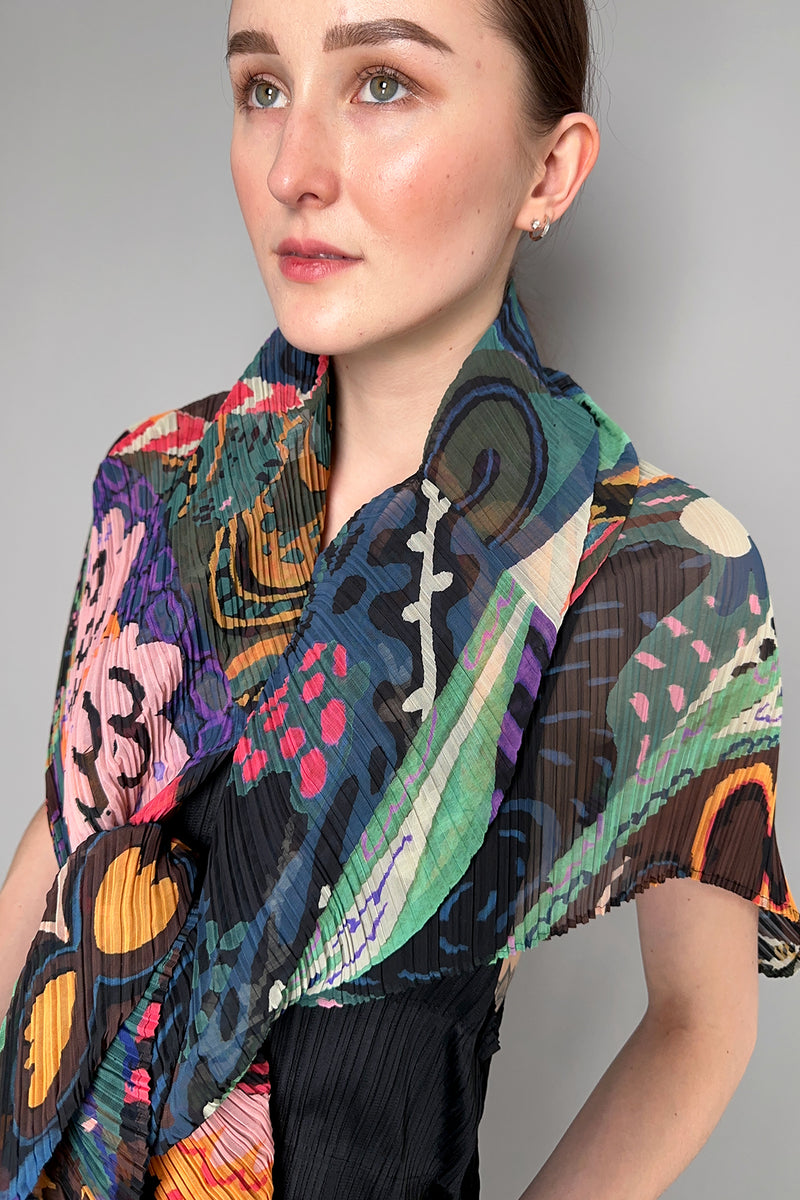 Pleats Please Issey Miyake Snowrunner Madame T Stole in Orange and Teal Pattern- Ashia Mode- Vancouver, BC