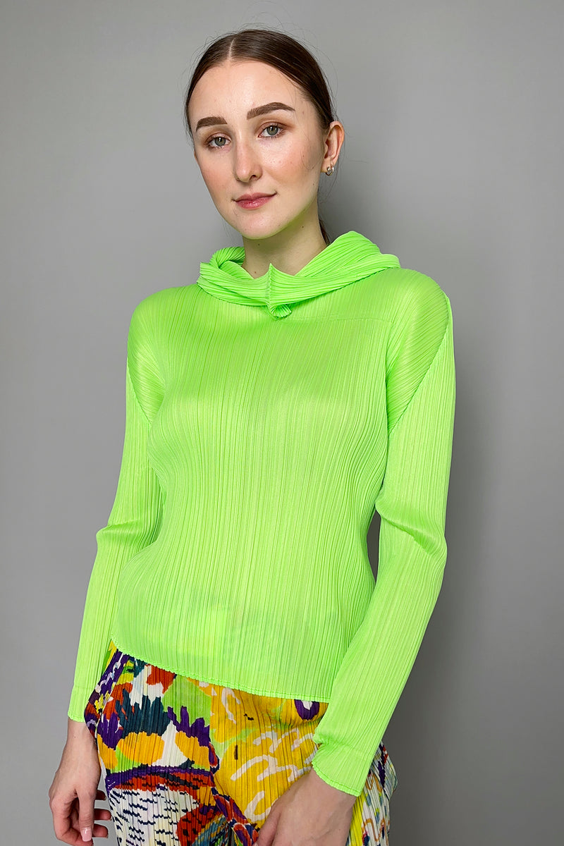 Pleats Please Issey Miyake Monthly Colours September Hooded Top in Neon Green- Ashia Mode- Vancouver, BC