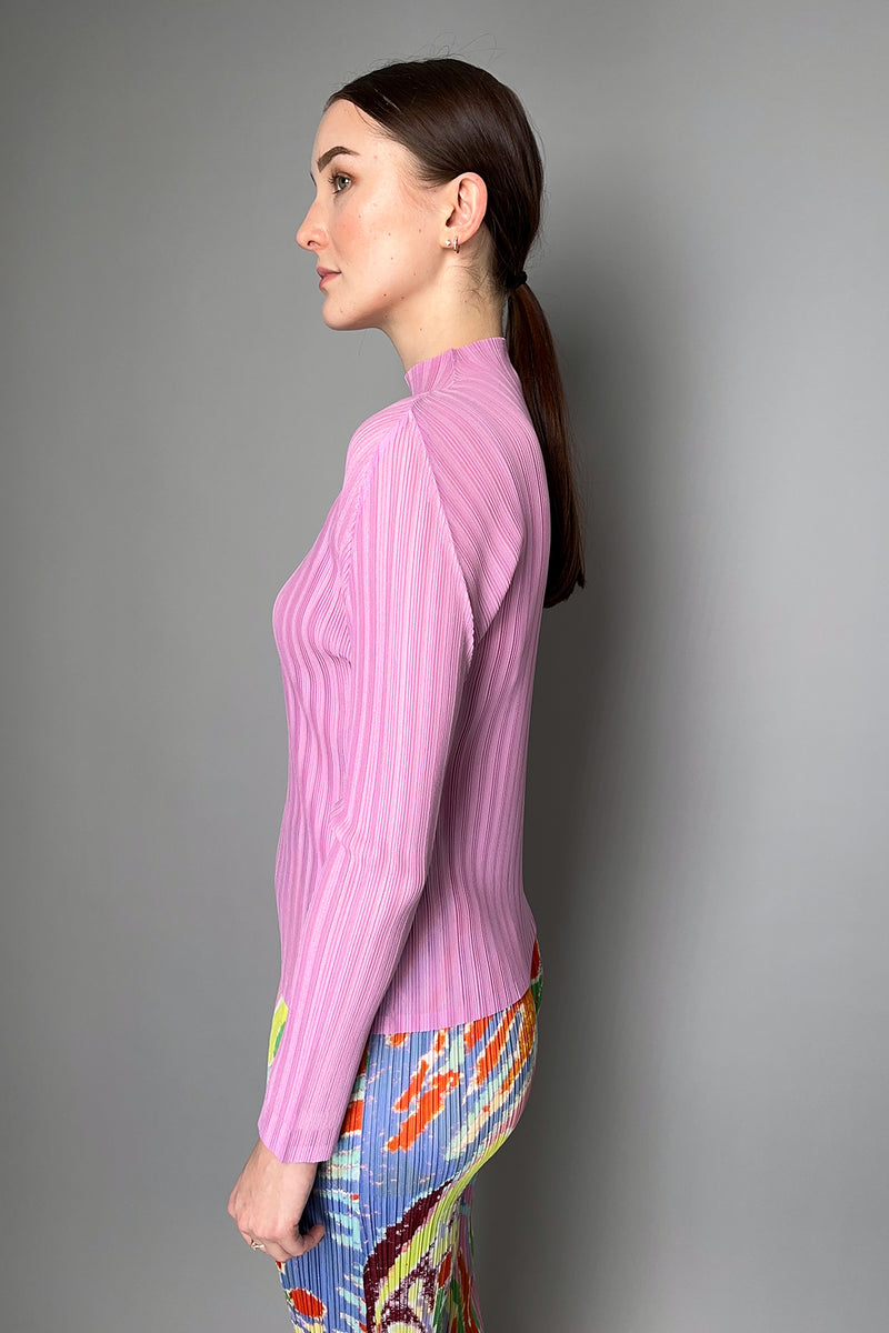 Pleats Please Issey Miyake Rib Pleats October Mock Neck Top in Pink- Ashia Mode- Vancouver, BC