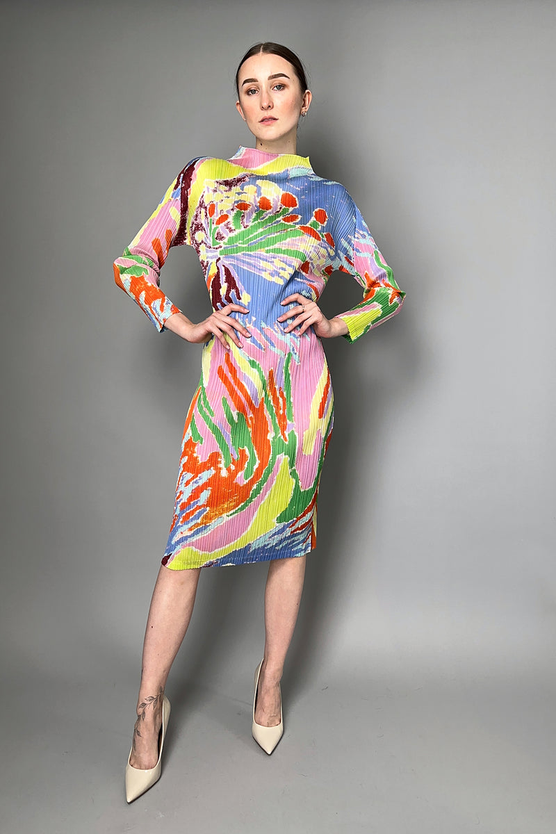 Pleats Please Issey Miyake Frosty Forest Multi Colour Midi Dress- Ashia Mode- Vancouver, BC