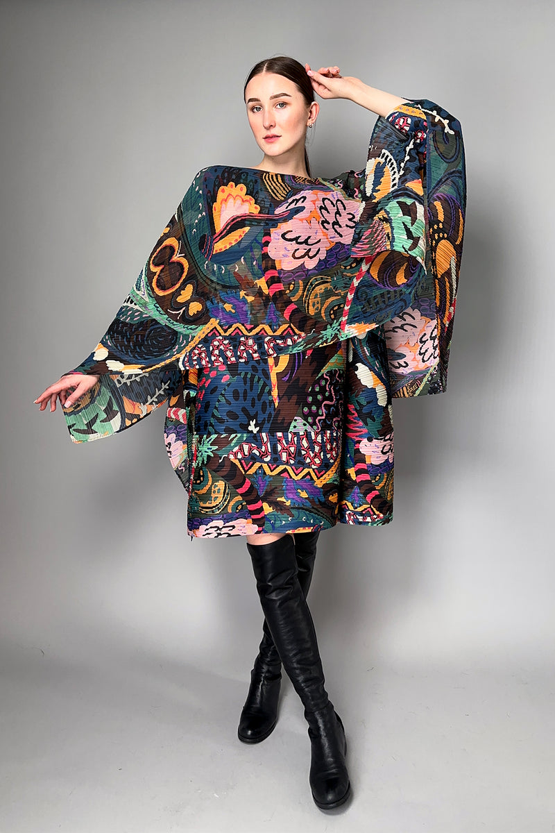 Pleats Please Issey Miyake Snowrunner Madame T Stole in Orange and Teal Pattern- Ashia Mode- Vancouver, BC