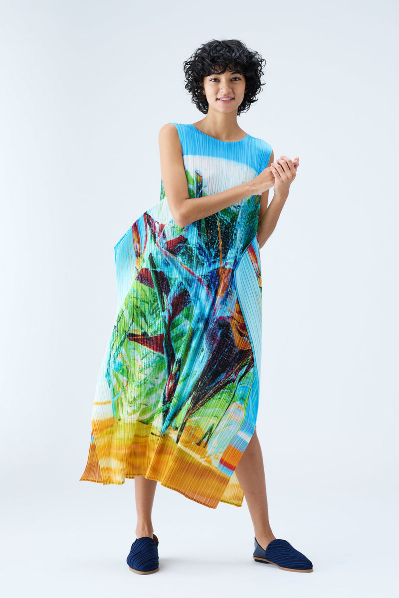 Pleats Please Tropical Winter Dress in Blue - Ashia Mode – Vancouver, BC