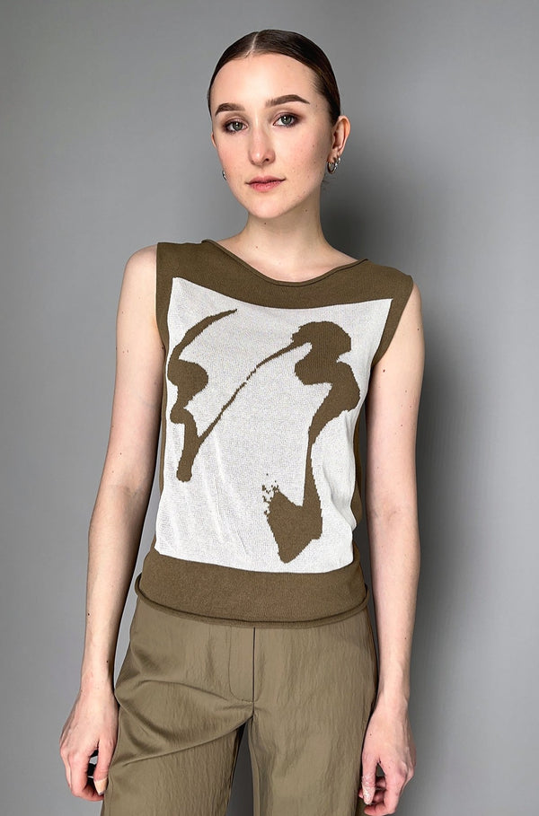 Annette Gortz Knitted Graphic Sleeveless Round Neck Top  in Khaki and White