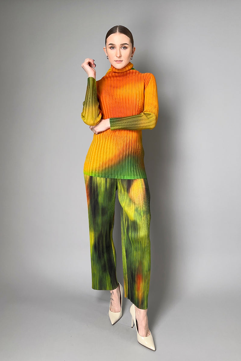 Pleats Please Issey Miyake Melty Rib Turtleneck Top in Orange and Green