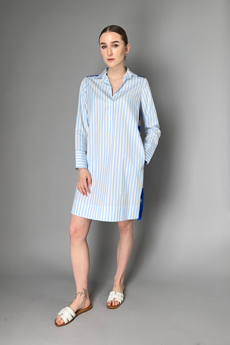 Rosso 35 Cotton Poplin Striped Dress with Floral Back in Light and Royal Blue