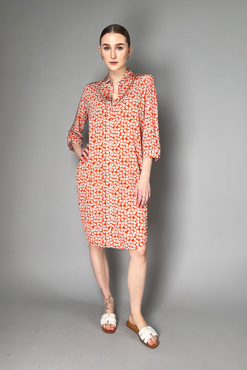 Rosso 35 Geometric Print Stretch Viscose Shirt Dress in Taupe and Orange