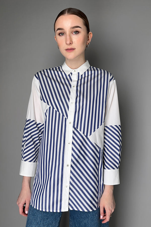 Rosso 35 Striped Cotton Shirt with Patch Color Blocking in White and Navy